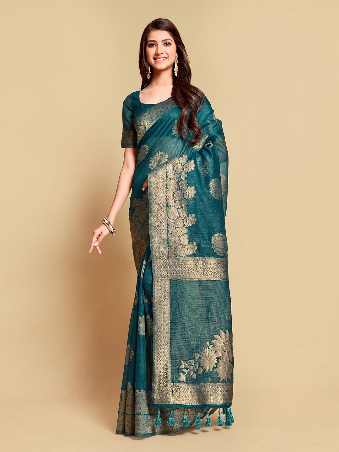 

MAHALASA Ethnic Motifs Zari Linen Chanderi Saree, Blue