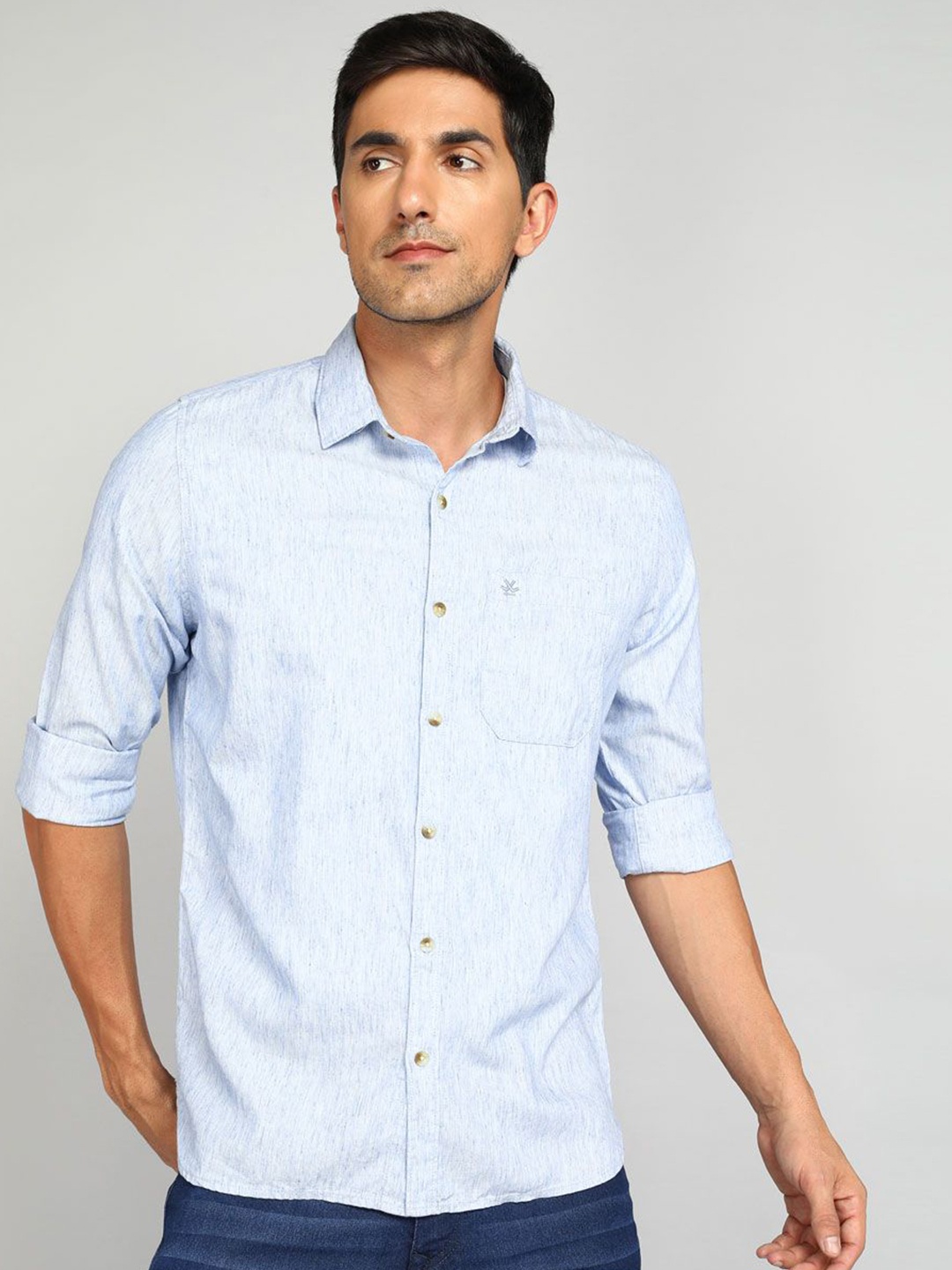 

WROGN Men Spread Collar Textured Cotton Casual Shirt, Blue