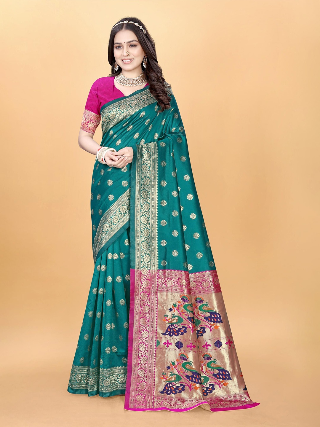 

VenderVilla Woven Design Zari Paithani Saree, Turquoise blue