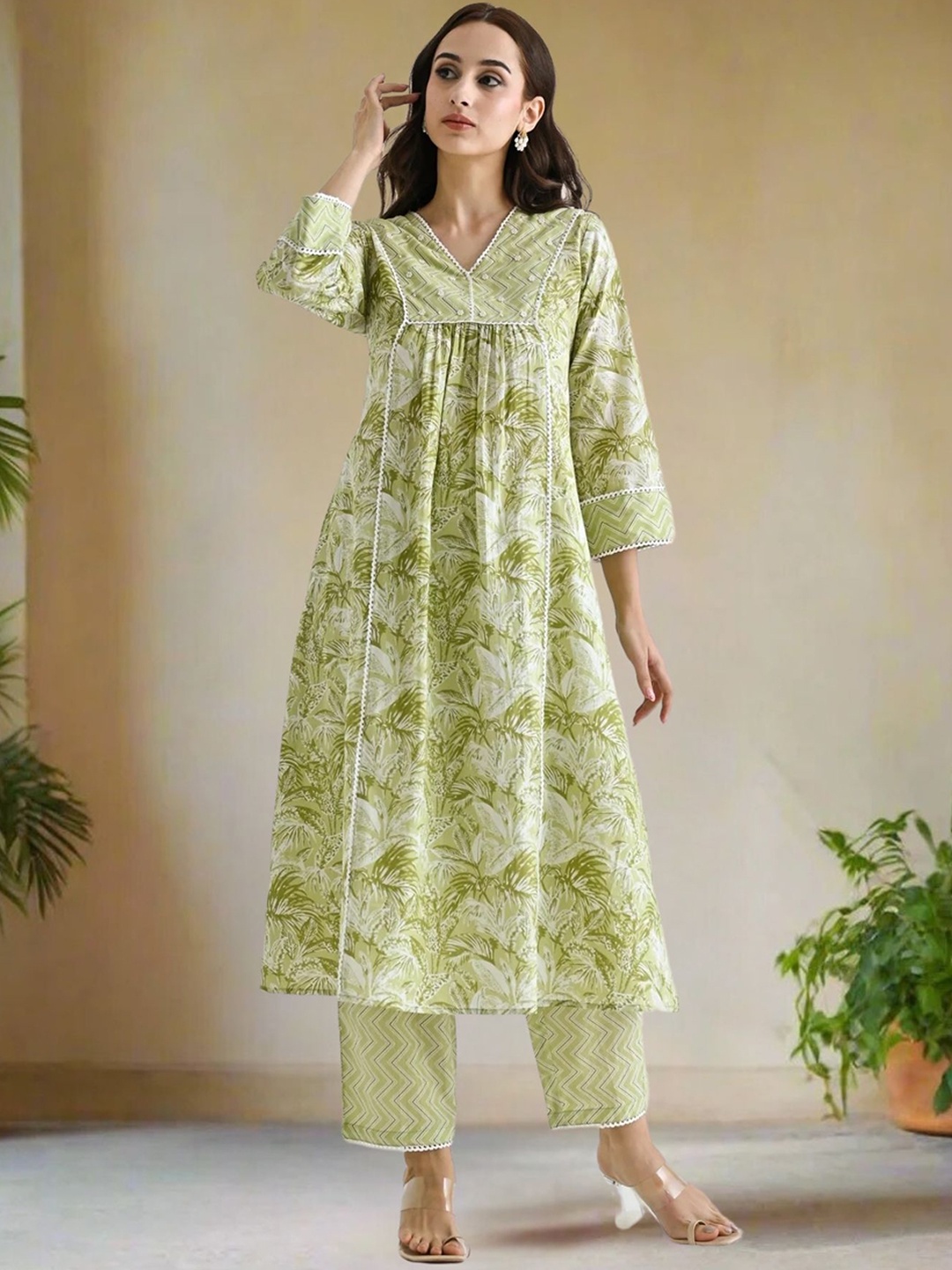 

KALINI Floral Yoke Design Pleated Beads and Stones Kurta with Trouser, Lime green