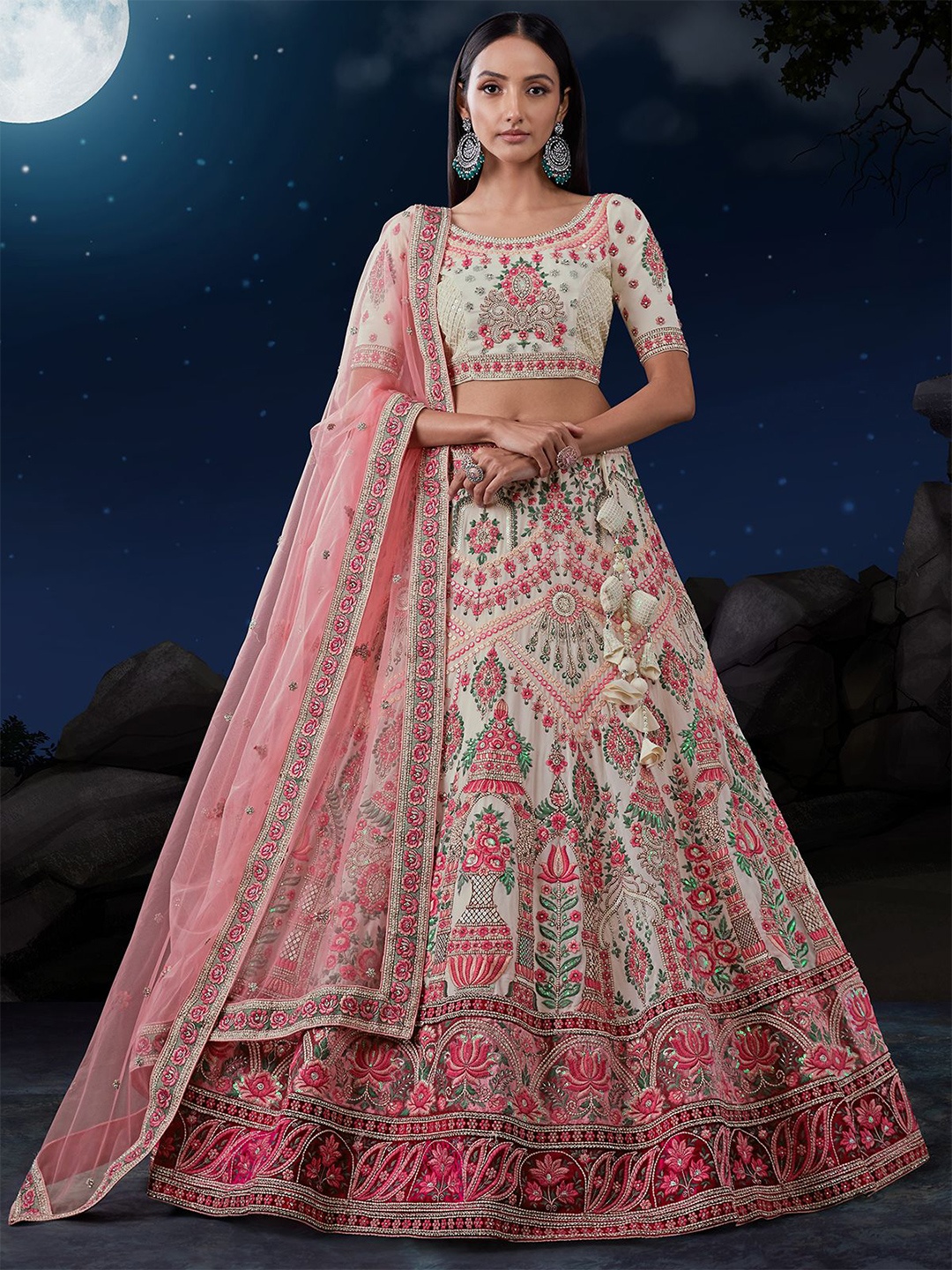 

ODETTE Embroidered Semi-Stitched Lehenga & Blouse With Dupatta, Off white