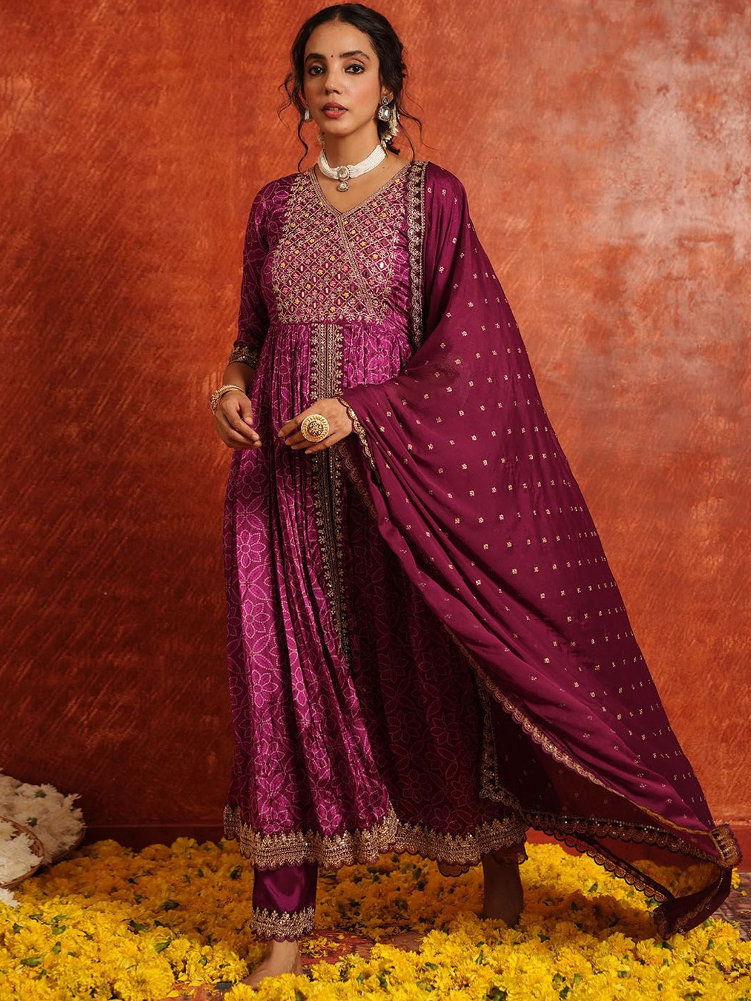 

Meena Bazaar Floral Embroidered Pleated Sequinned Kurta with Trousers & Dupatta, Purple