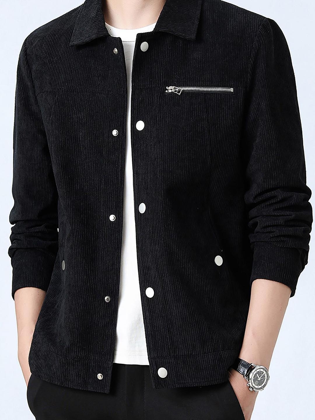 

StyleCast x Revolte Men Self Design Windcheater Spread Collar Tailored Jacket, Black