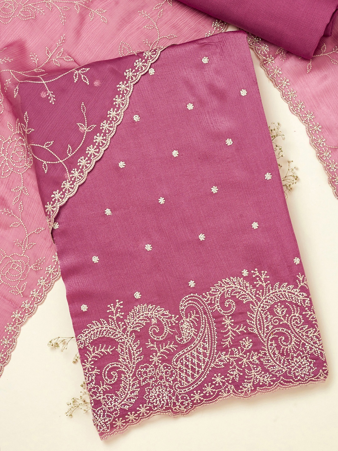 

Soch Floral Embroidered Embellished Unstitched Dress Material, Pink