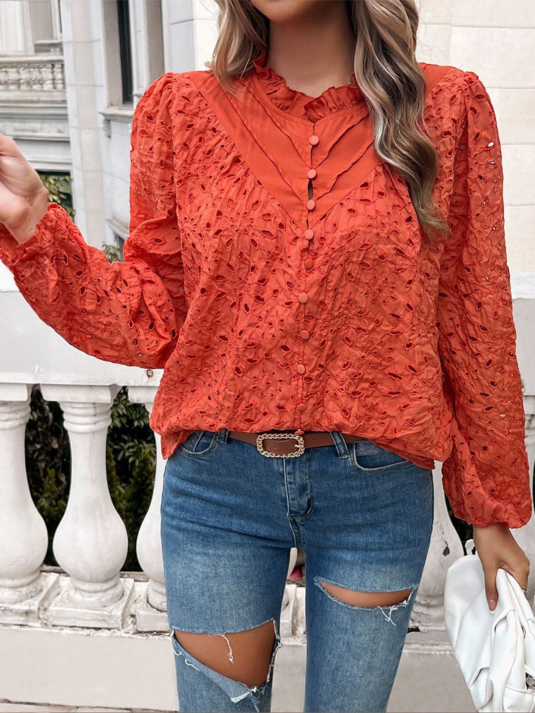 

StyleCast Women Self Design Round Neck Top, Orange