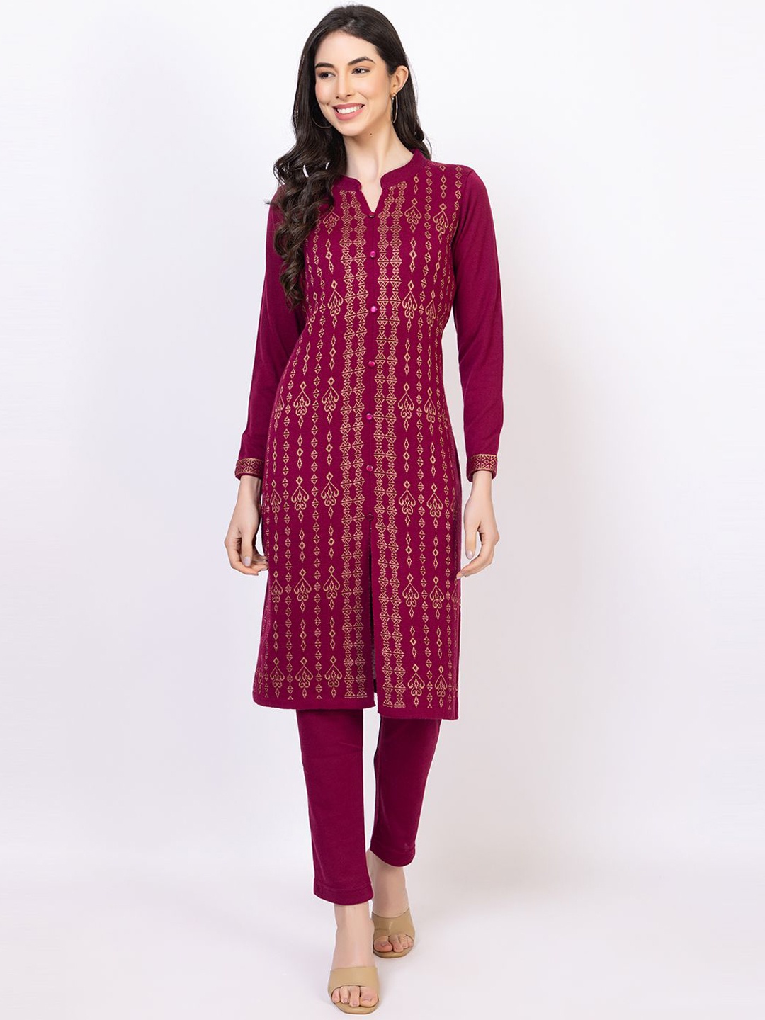 

KEIKO Ethnic Motifs Woven Design Straight Kurta with Trousers, Purple