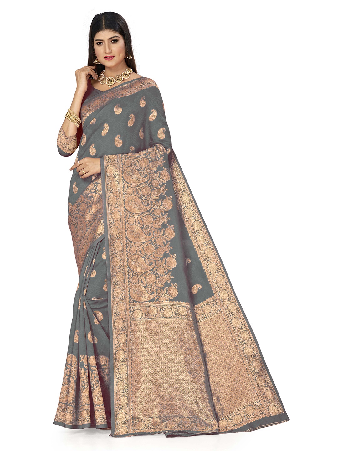 

Maroosh Floral Zari Silk Blend Banarasi Saree, Grey