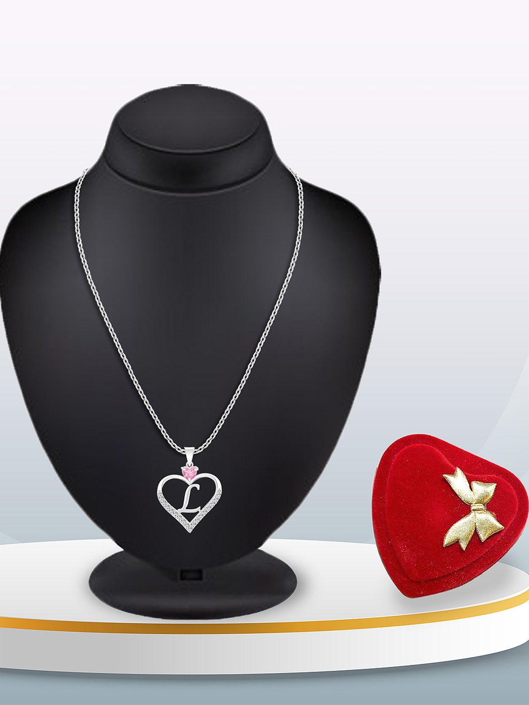 

Heer Collection Silver-Plated CZ Studded Alphabet L Heart Shaped Pendant With Chain