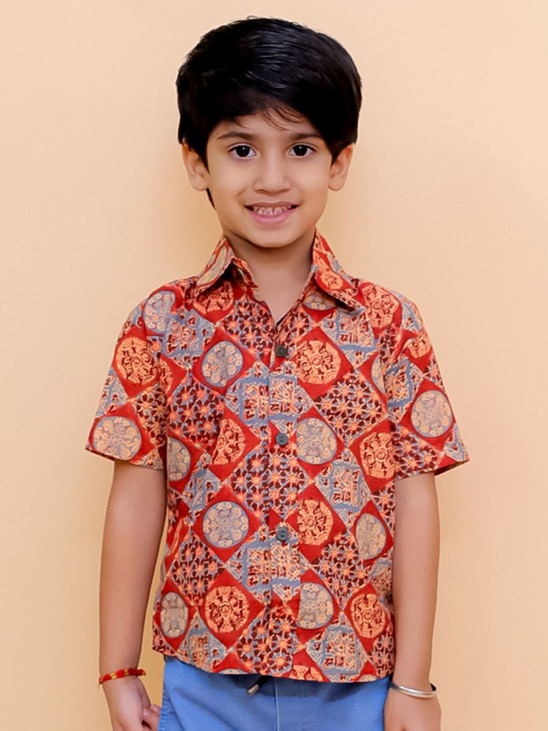 

The Mom Store Boys Spread Collar Ethnic Motifs Printed Cotton Casual Shirt, Rust