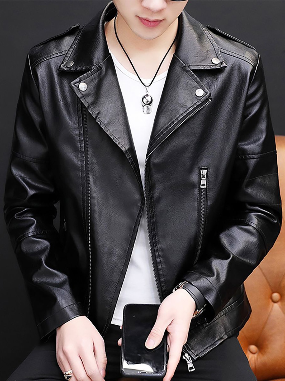 

StyleCast x Revolte Men Lapel Collar Solid PU Casual Leather Jacket, Black