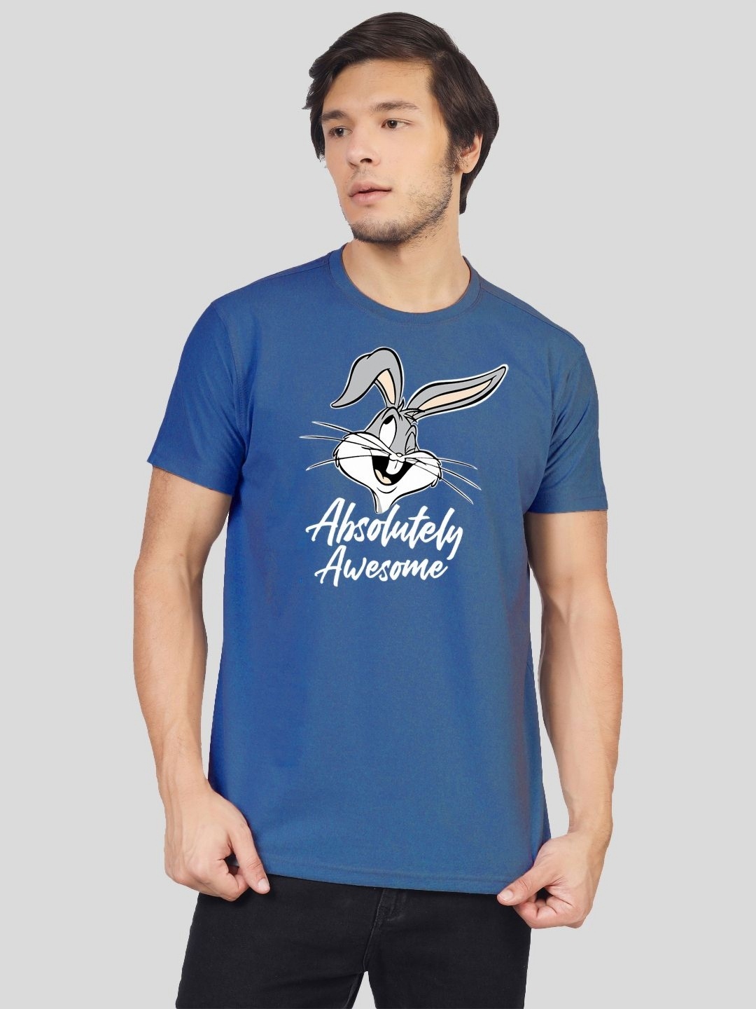 

Greylongg Men Looney Tunes Graphic Printed Round Neck Cotton T-shirt, Blue