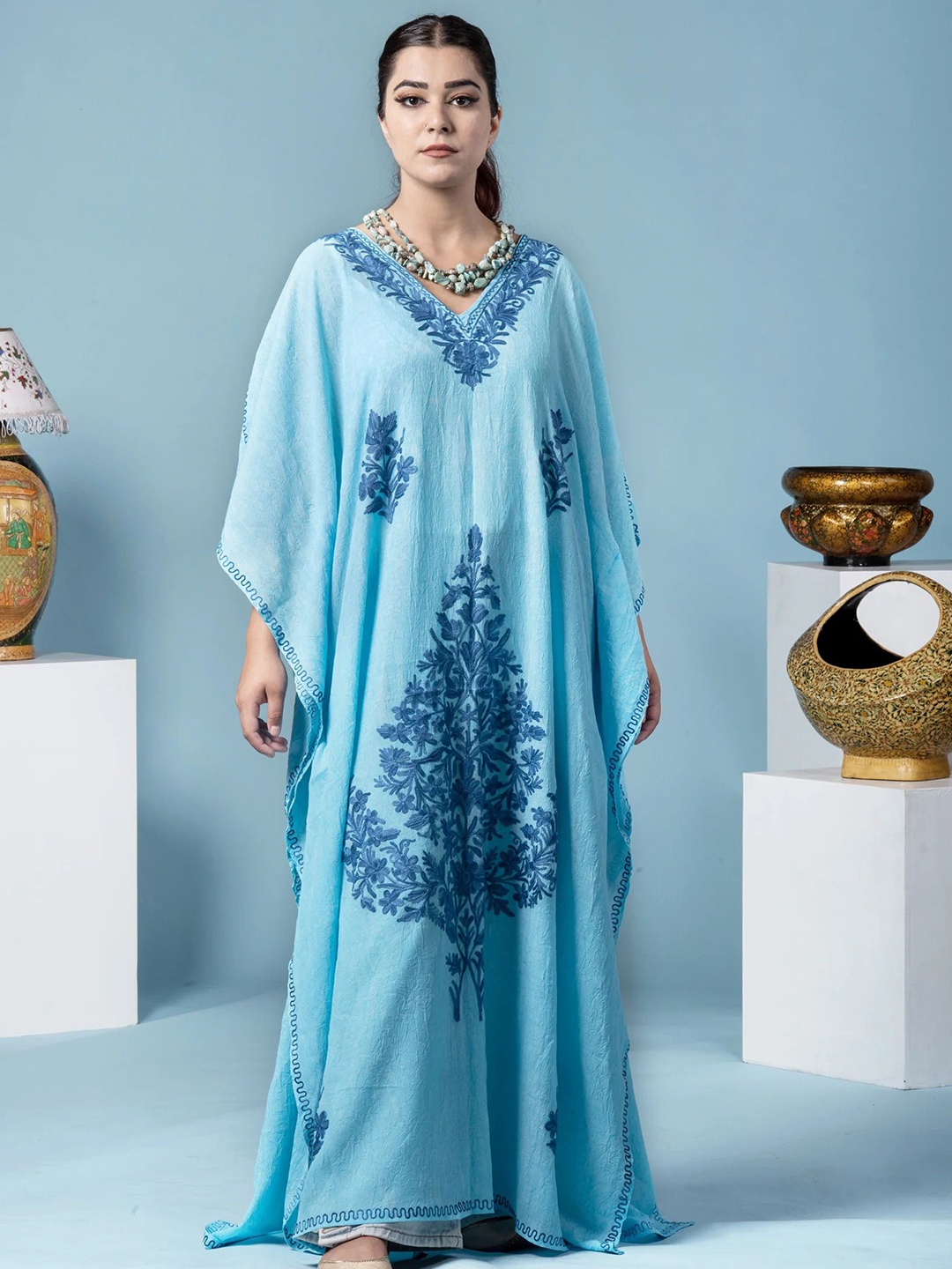 

Kashmir Box Women Floral Embroidered Kimono Sleeve Kaftan Cotton Maxi Dress, Blue