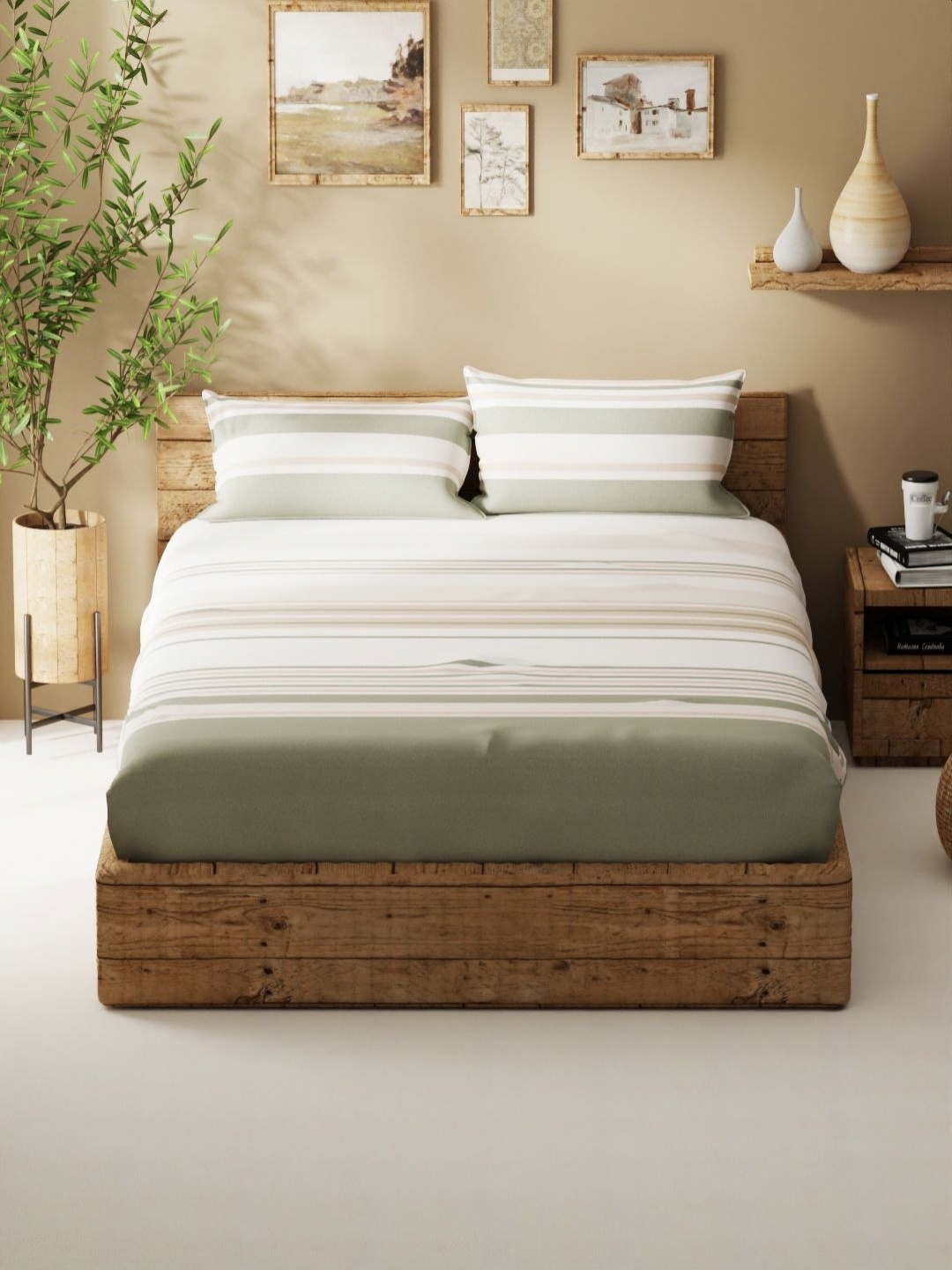 

BIANCA Lacasita Green Striped 120 TC Queen Bedsheet with 2 Pillow Covers 2.29 m X 2.54 m