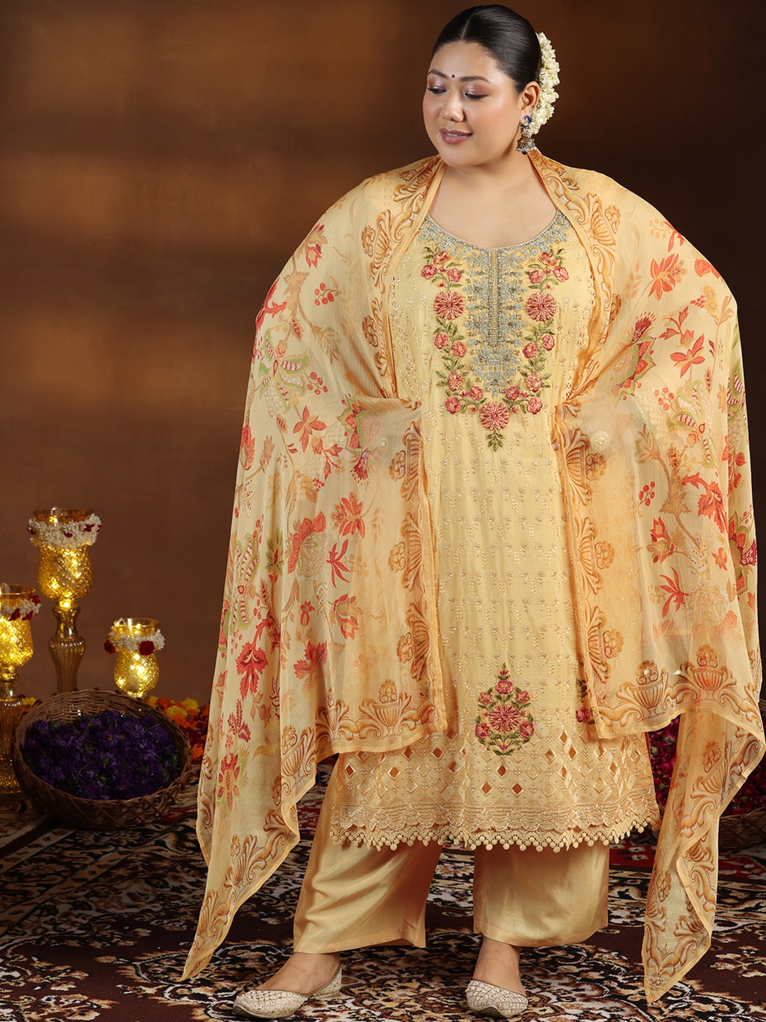 

EXTRA LOVE BY LIBAS Plus Size Floral Embroidered Organza Kurta & Trouser & Dupatta, Yellow