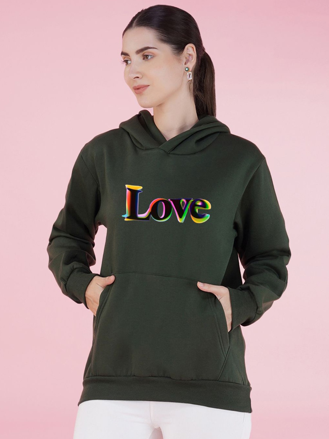 

NUSYL Women Typography Printed Hood Fleece Pullover Oversized Sweatshirt, Green