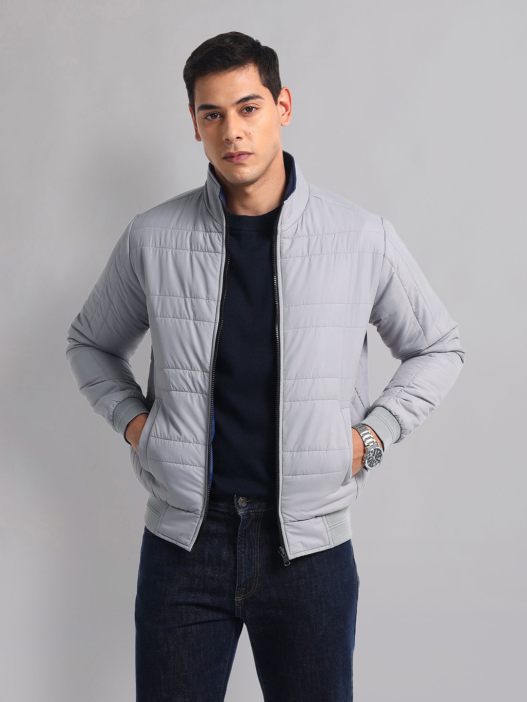 

AD By Arvind Men Polyester Reversible Crop Padded Jacket, Grey