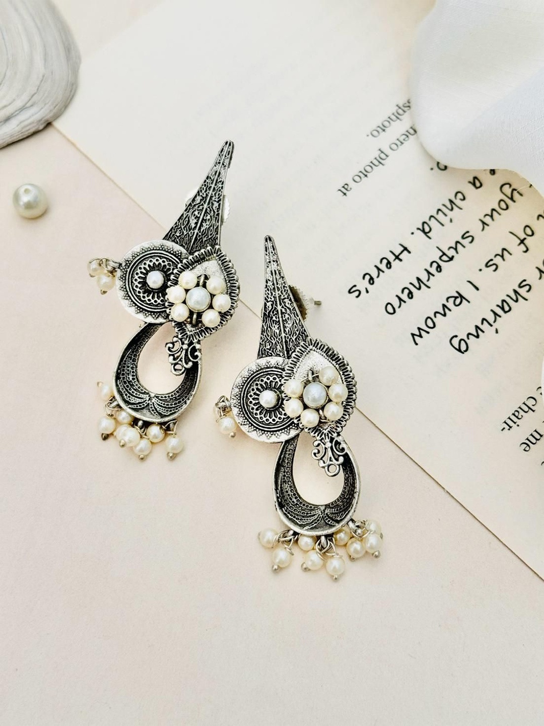 

ABDESIGNS Silver-Plated Studded And Beaded German Silver Oxidised Drop Earrings
