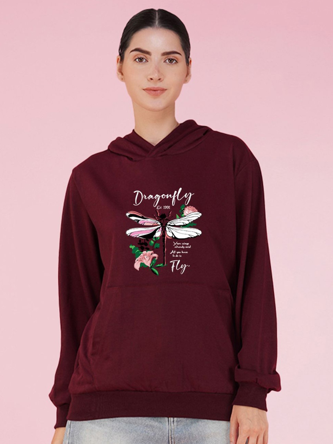 

NUSYL Women Graphic Printed Hood Fleece Pullover Oversized Sweatshirt, Maroon