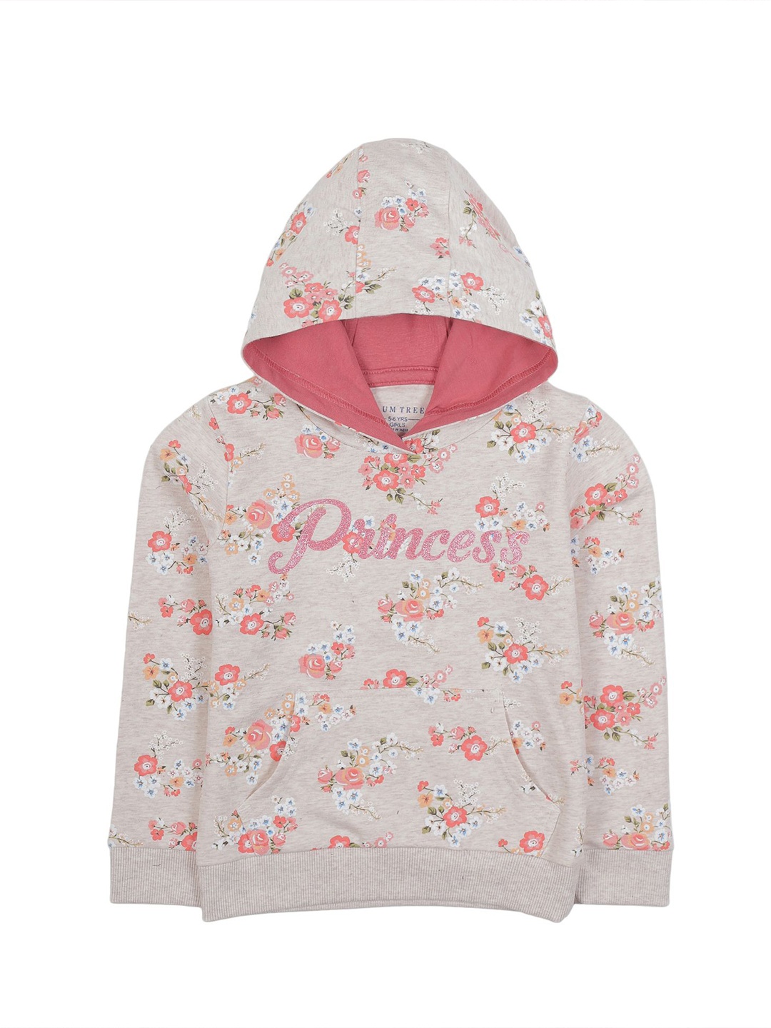 

PLUM TREE Girls Floral Printed Hood Cotton Pullover Sweatshirt, Beige