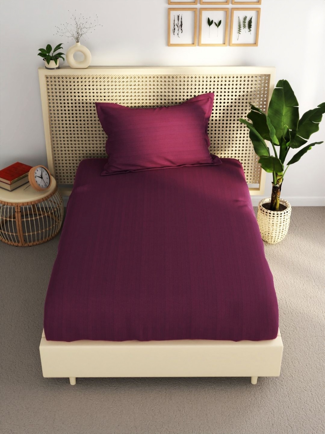 

BIANCA Purple Striped Pure Cotton 210 TC Single Bedsheet & Pillow Covers 1.60 x 2.36 Mts