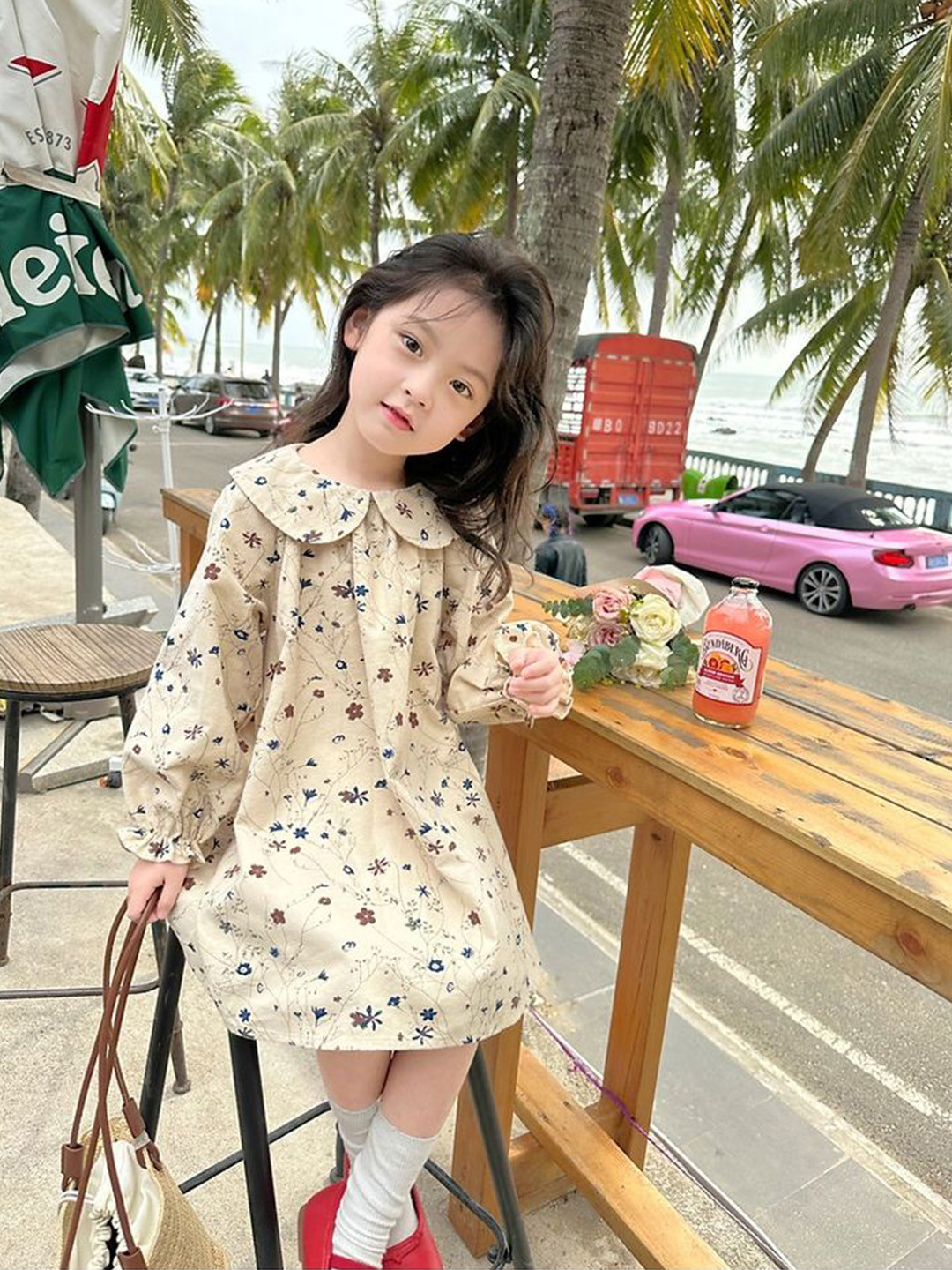 

LULU & SKY Girls Floral Printed Cotton A-Line Dress, Khaki