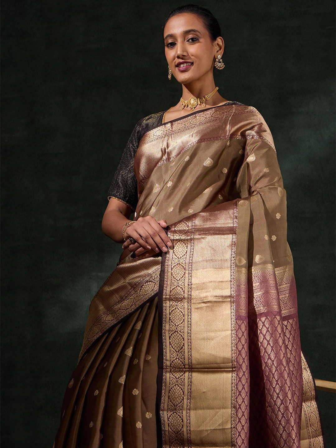 

Taneira Woven Design Zari Pure Silk Kanjeevaram Saree, Brown