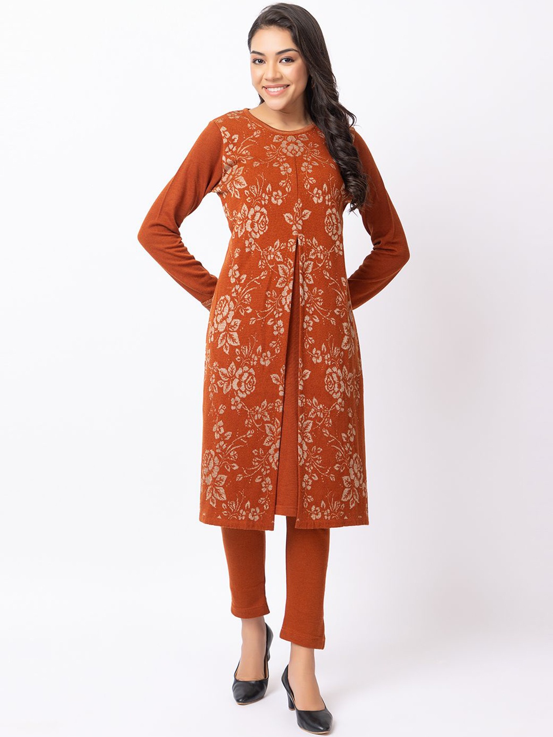 

KEIKO Floral Woven Design Round Neck Acrylic A-Line Kurta with Trousers, Rust