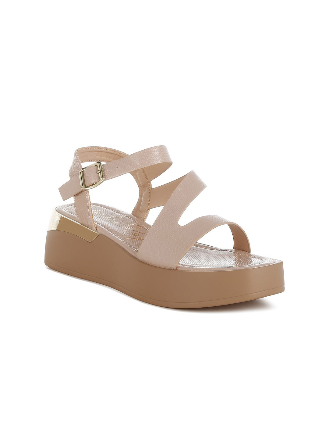 

London Rag Leather Flatform Sandals with Buckles, Beige