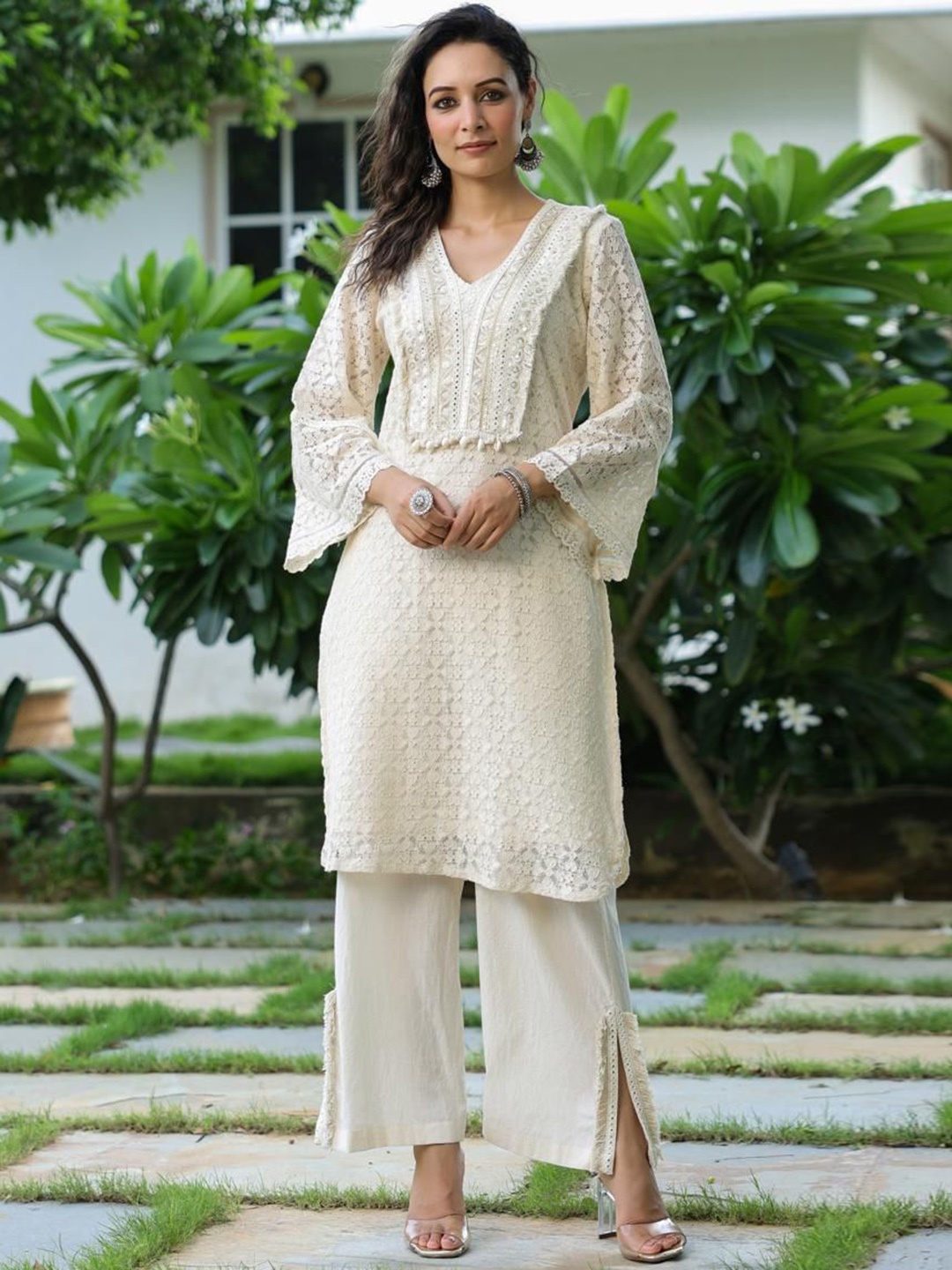 

AUTUMN LANE Women Printed Regular Pure Cotton Kurta with Palazzos, Off white