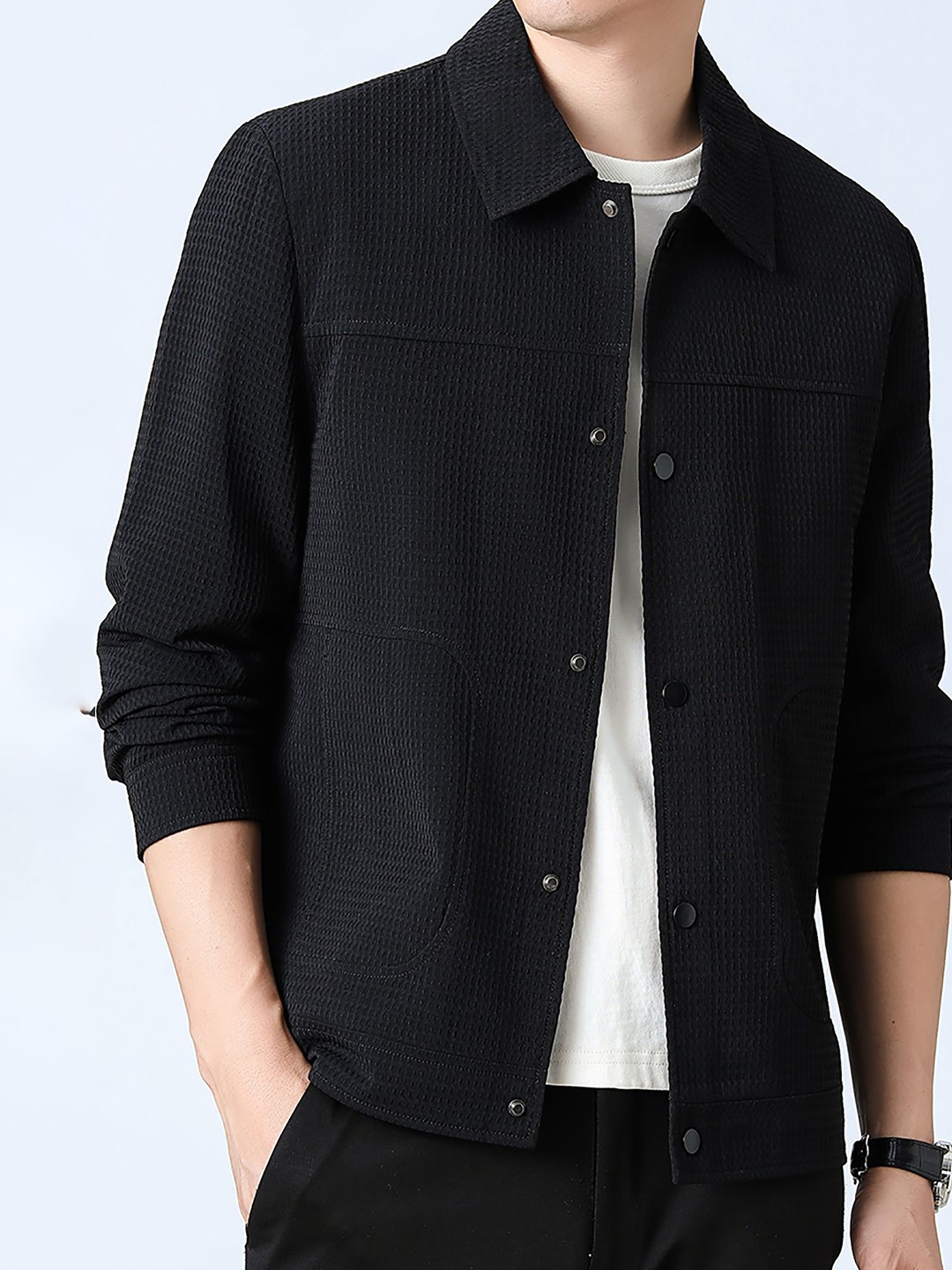 

StyleCast x Revolte Men Spread Collar Self Design Casual Windcheater Jacket, Black