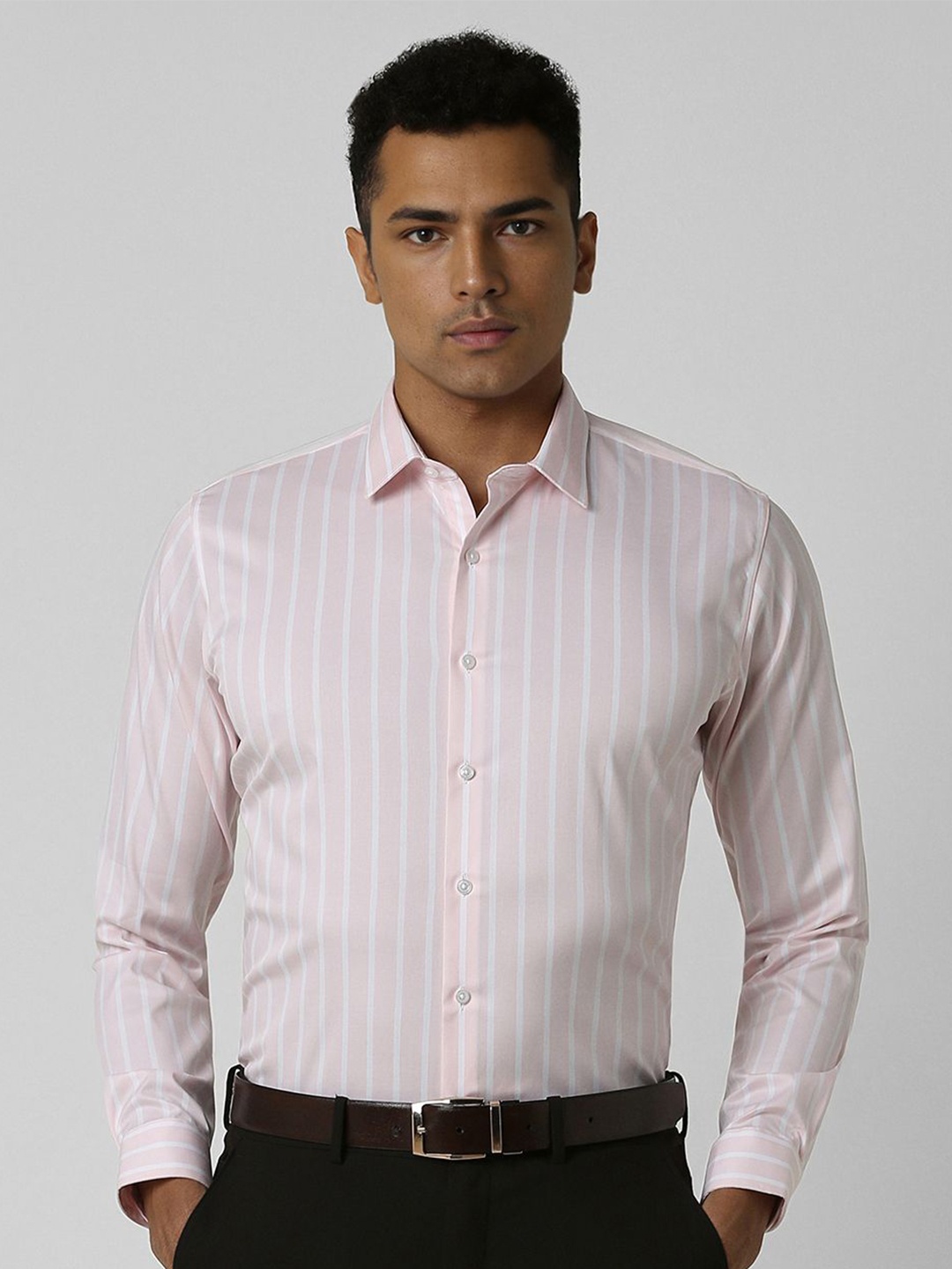 

Van Heusen Men Spread Collar Vertical Striped Cotton Slim Fit Formal Shirt, Pink