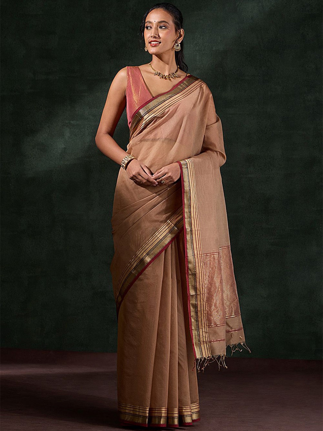 

Taneira Zari Maheshwari Saree, Brown