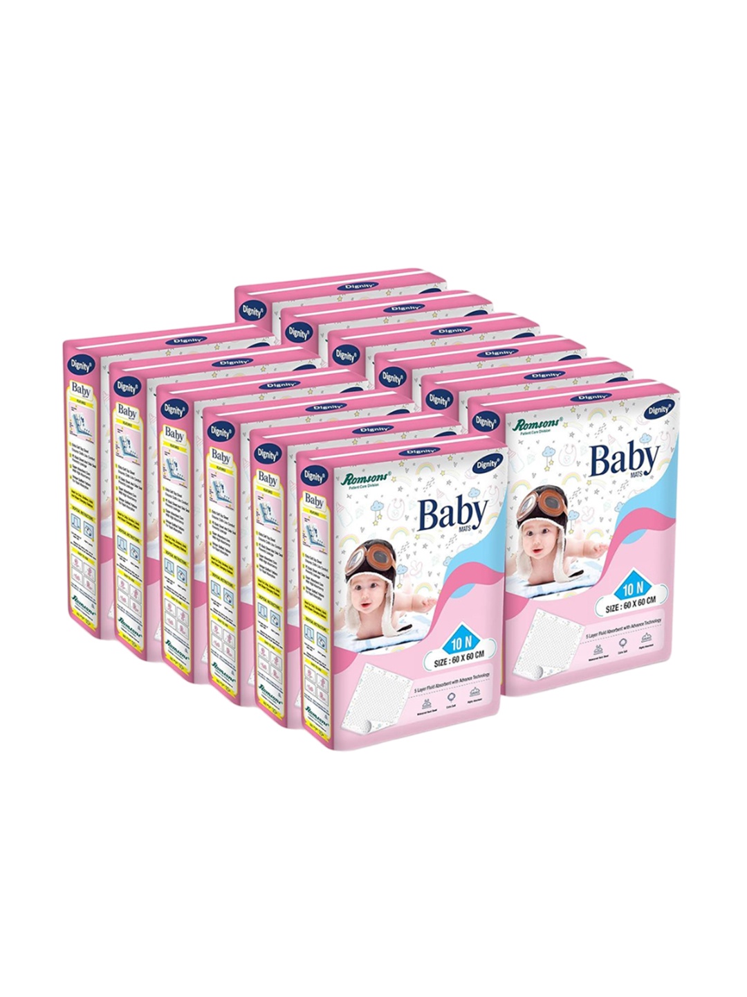 

Romsons Set Of 12 Dignity Disposable Baby Changing Mats - 10 Pcs Each, White