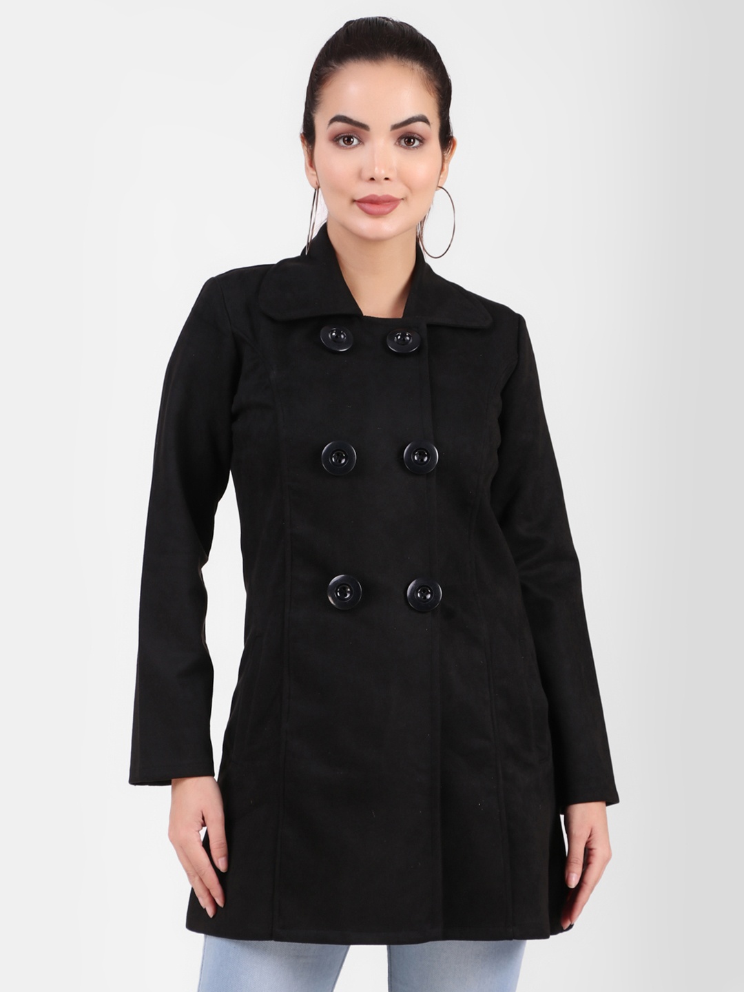 

FNOCKS Women Double-Breasted Overcoat, Black