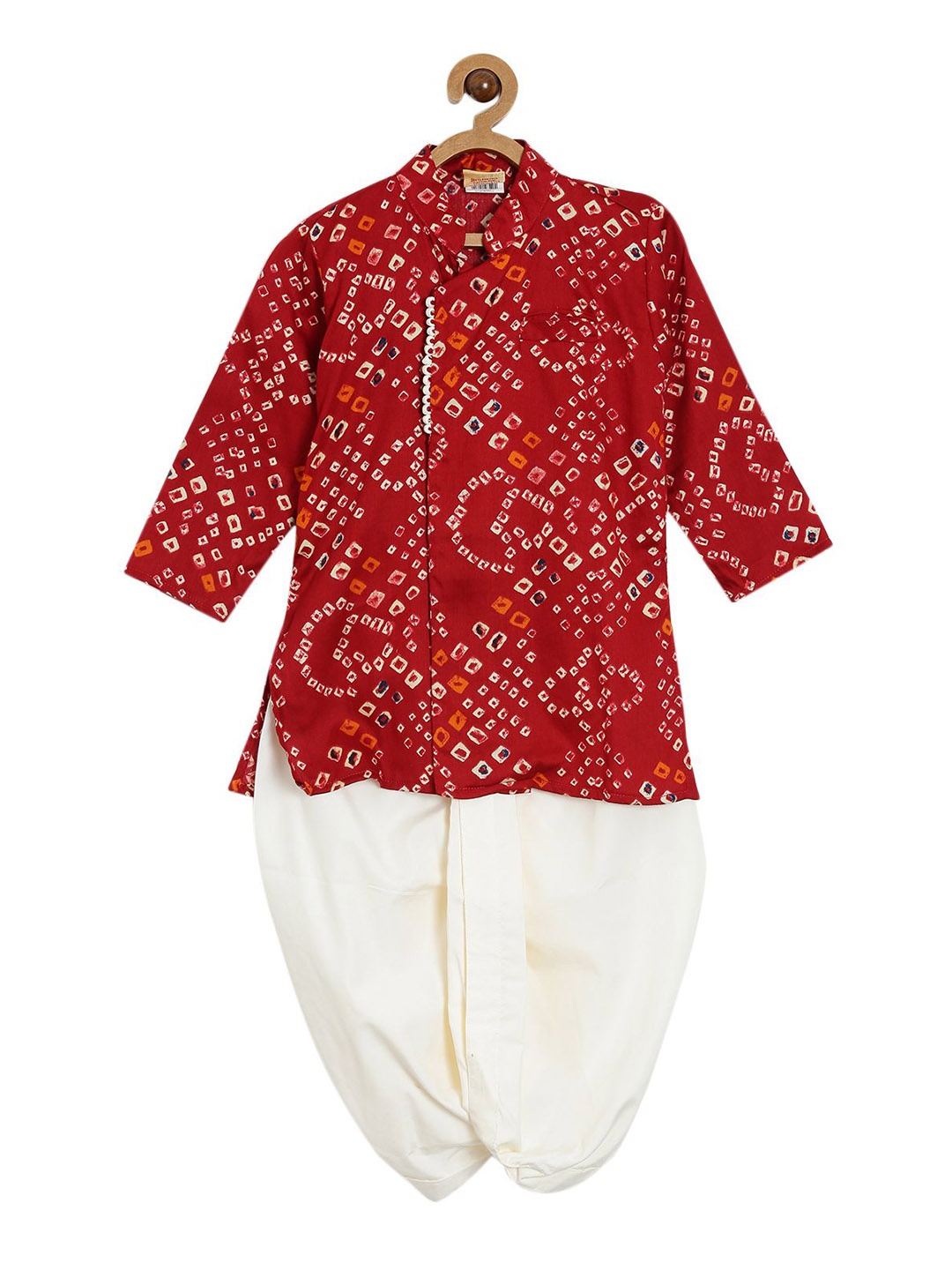 

NIRVAAN Boys Bandhani Printed Mandarin Collar Pure Cotton Straight Kurta with Dhoti Pants, Maroon