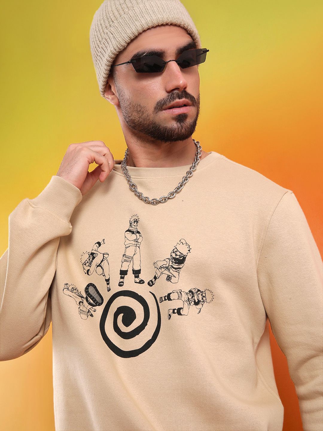 

WROGN Men Graphic Printed Round Neck Cotton Pullover Sweatshirt, Beige