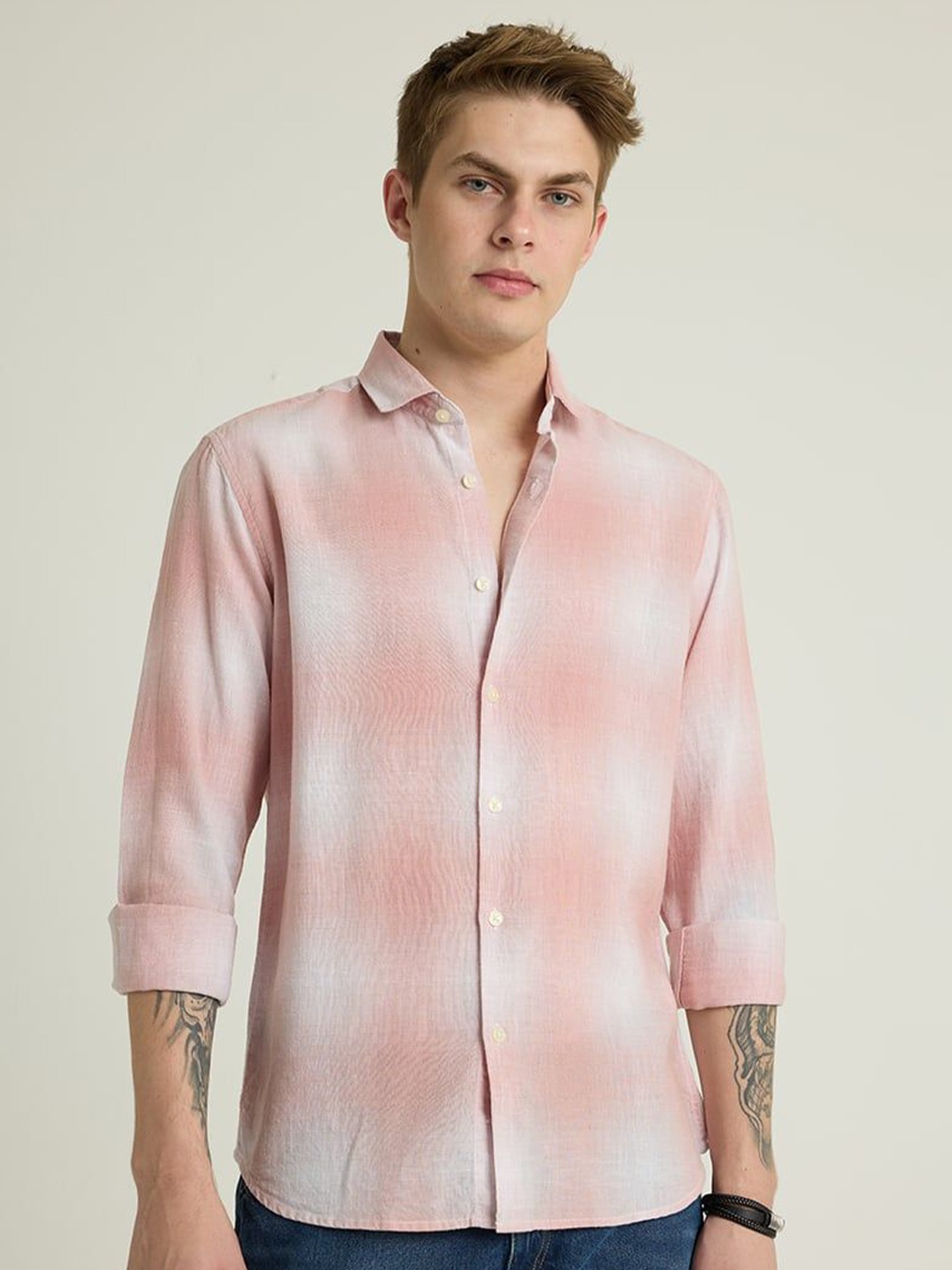 

Snitch Men Smart Spread Collar Checked Linen Casual Shirt, Peach