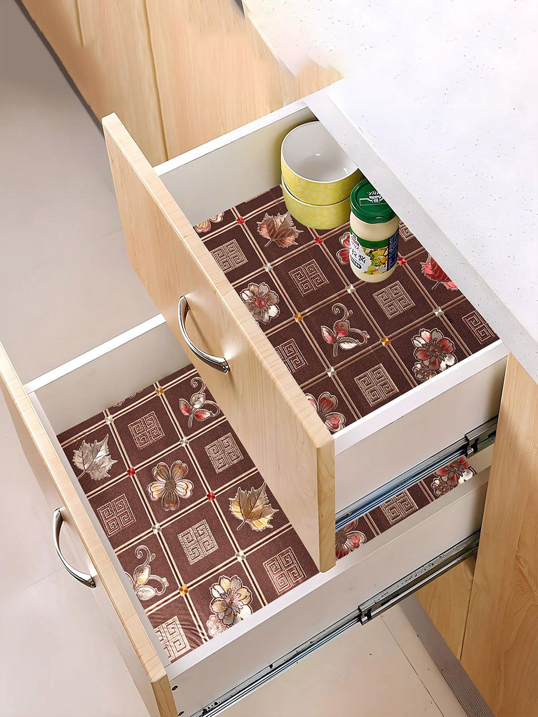 

Kuber Industries Brown 3 Pieces Floral Printed Water Resistant Shelf Liner