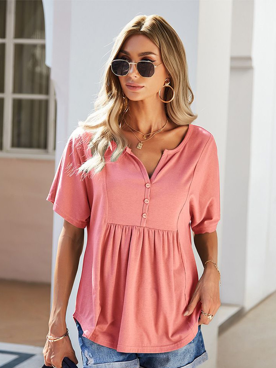 

StyleCast Women Solid V-Neck Cotton Top, Pink