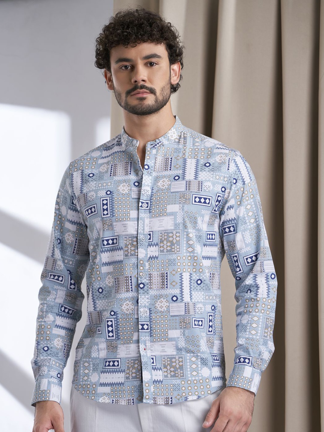 

VALEN CLUB Men India Slim Mandarin Collar Geometric Printed Cotton Casual Shirt, Blue