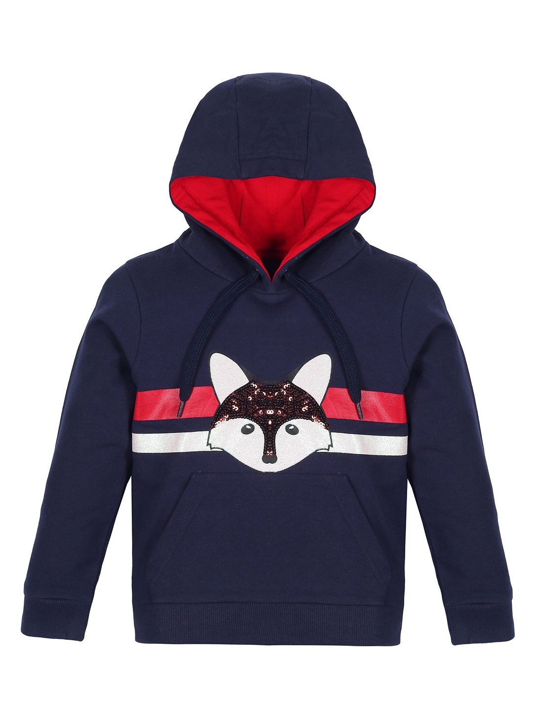 

PLUM TREE Girls Colourblocked Printed Hood Cotton Pullover Sweatshirt, Navy blue