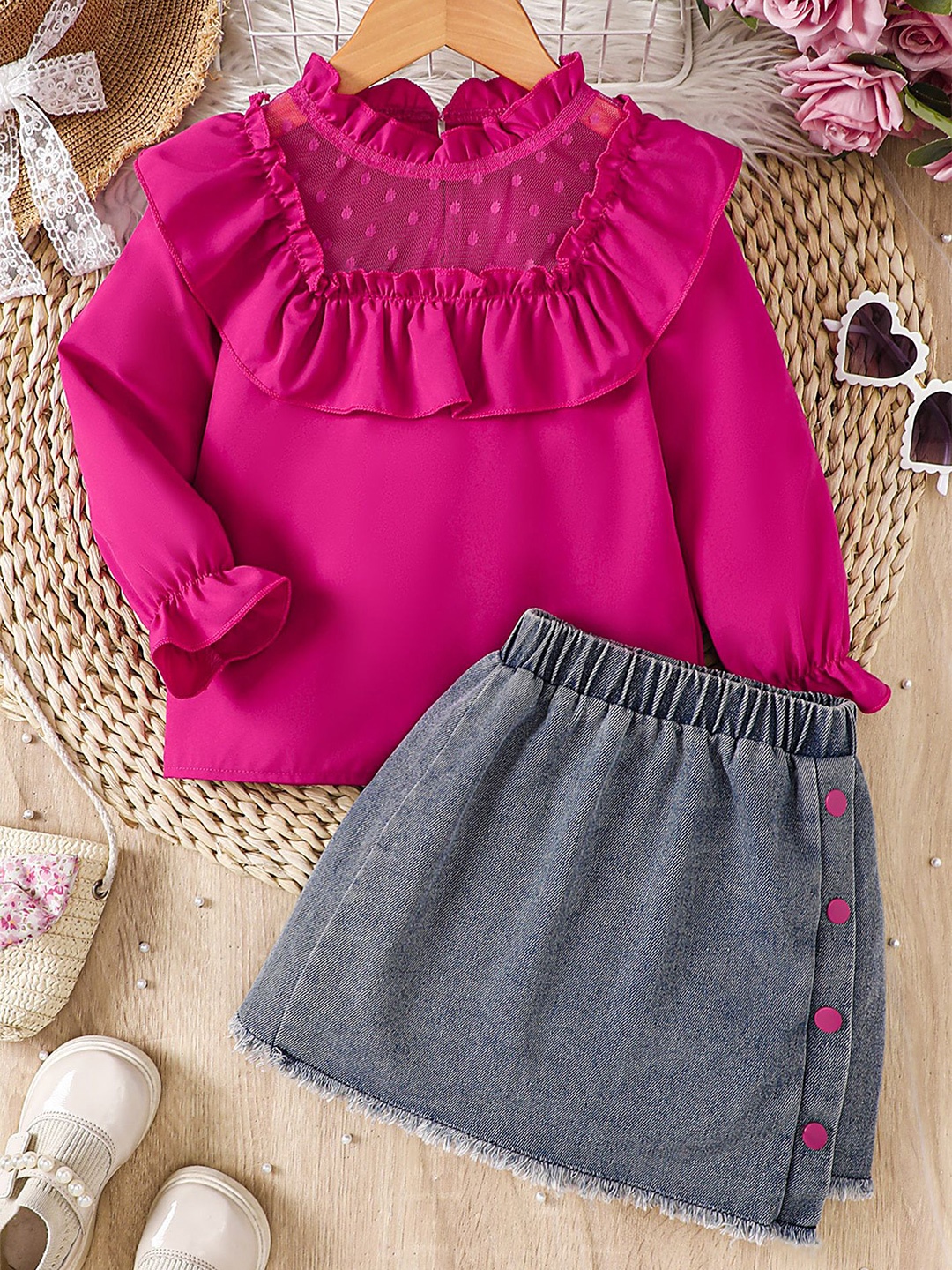 

LULU & SKY Girls Top with Washed Denim Skirt, Fuchsia