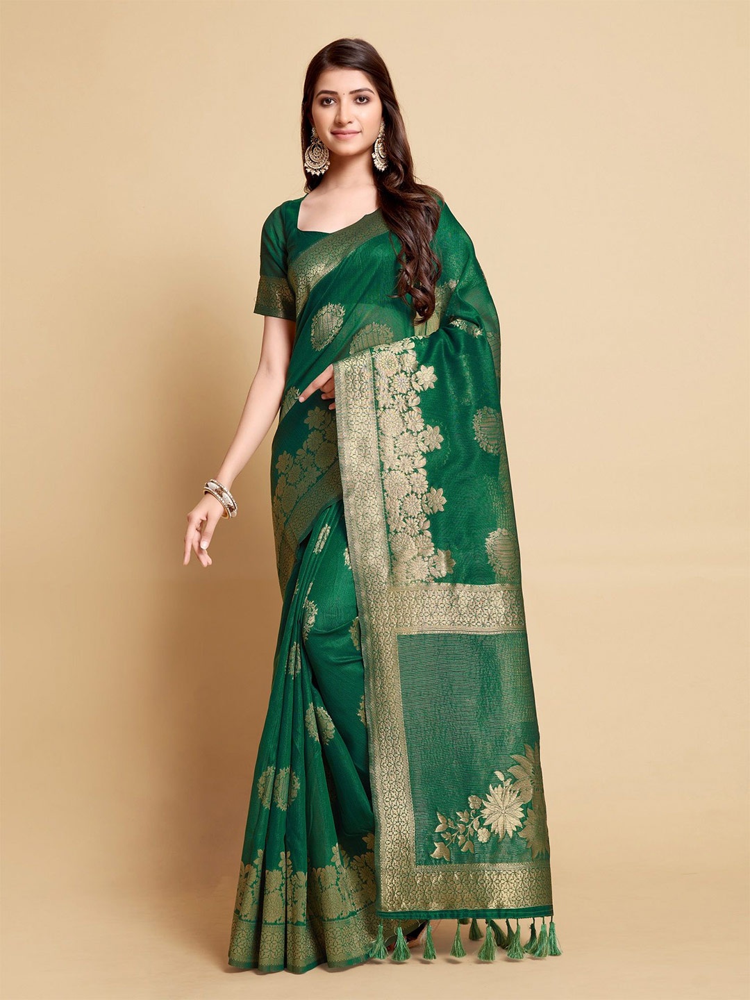 

MAHALASA Ethnic Motifs Zari Linen Blend Chanderi Saree with Unstitched Blouse, Green