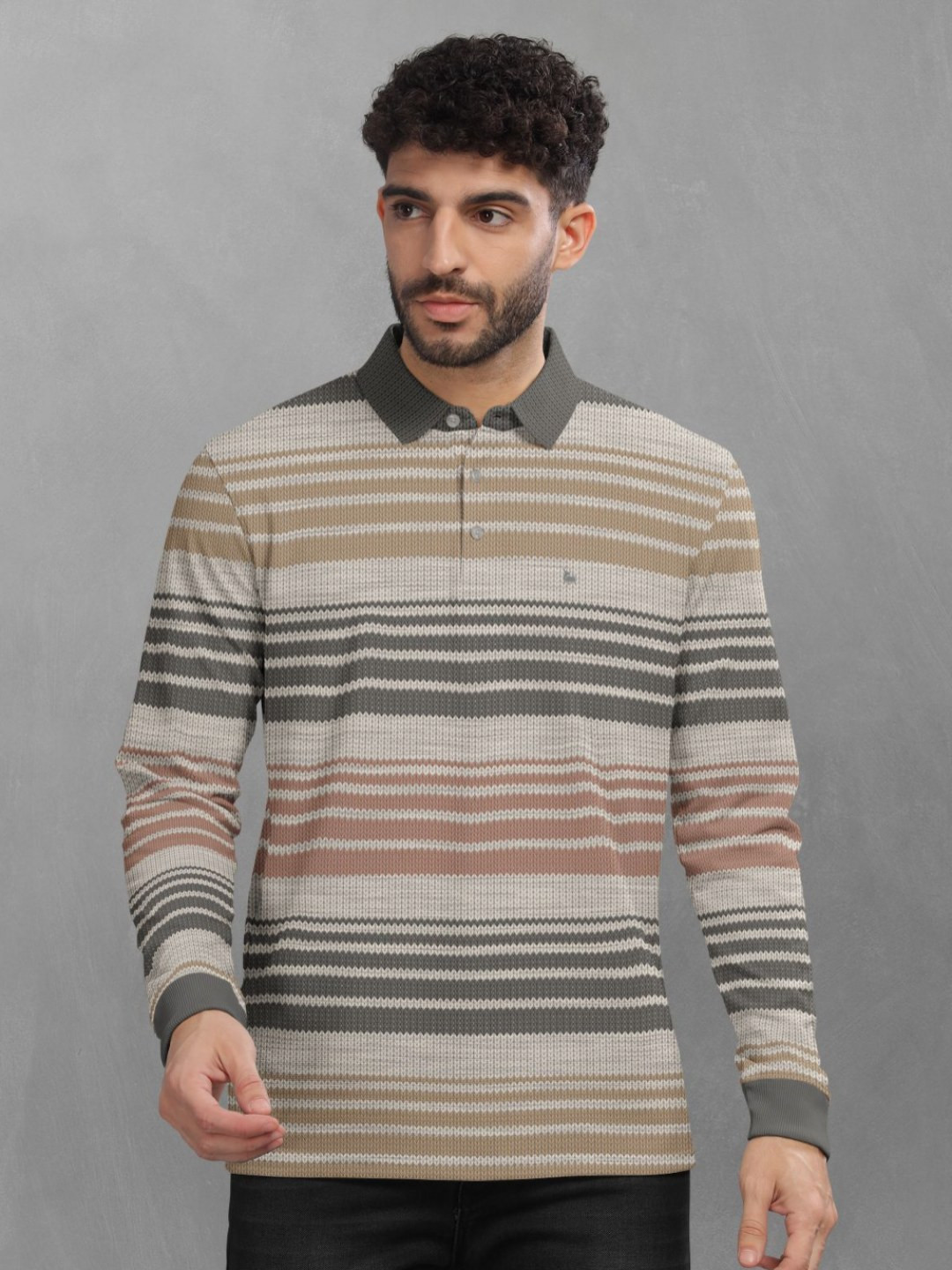 

BULLMER Men Striped Polo Collar Cotton T-shirt, Brown