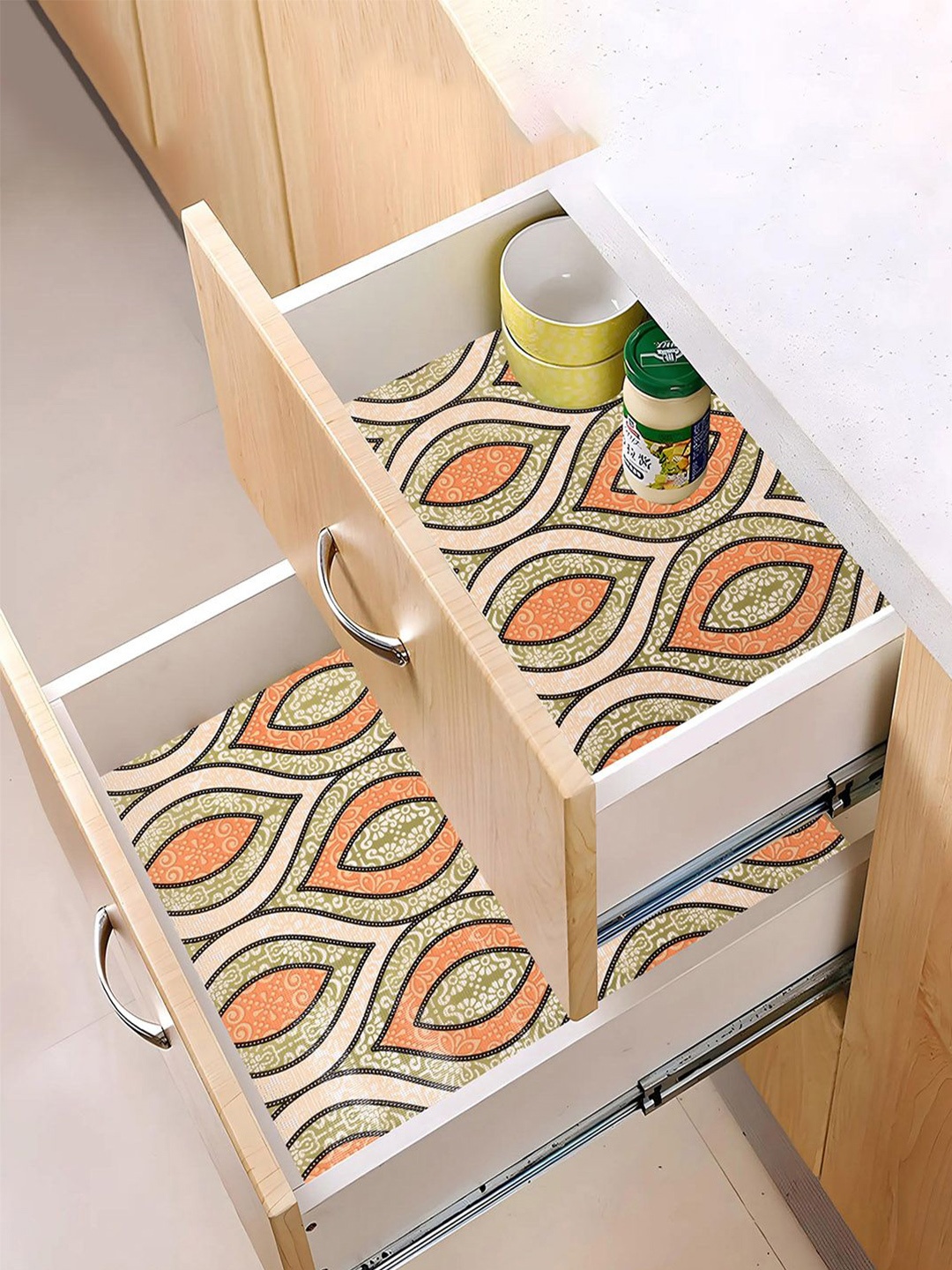 

Kuber Industries Green & Orange 3 Pieces Water Resistant Shelf Liner Organisers