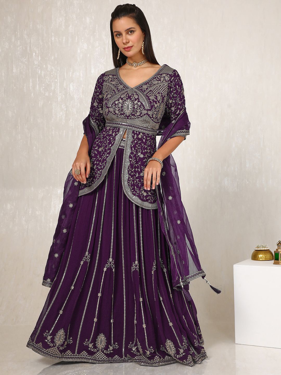 

Soch Floral Embroidered Sequinned Ready to Wear Lehenga & Unstitched Blouse With Dupatta, Purple