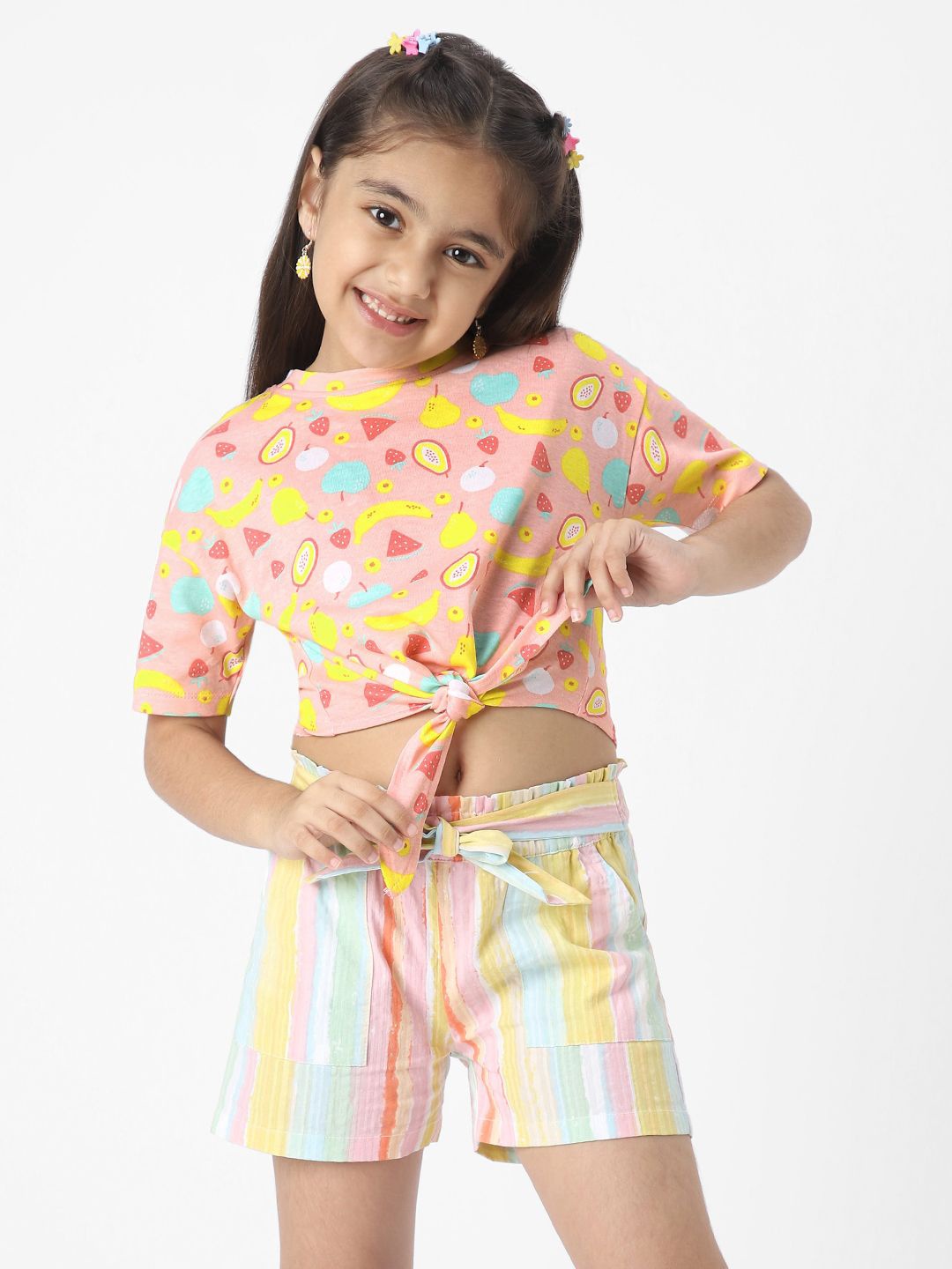 

Nauti Nati Girls Cotton Fruit Punch Printed Crop Top With Front Knot, Peach