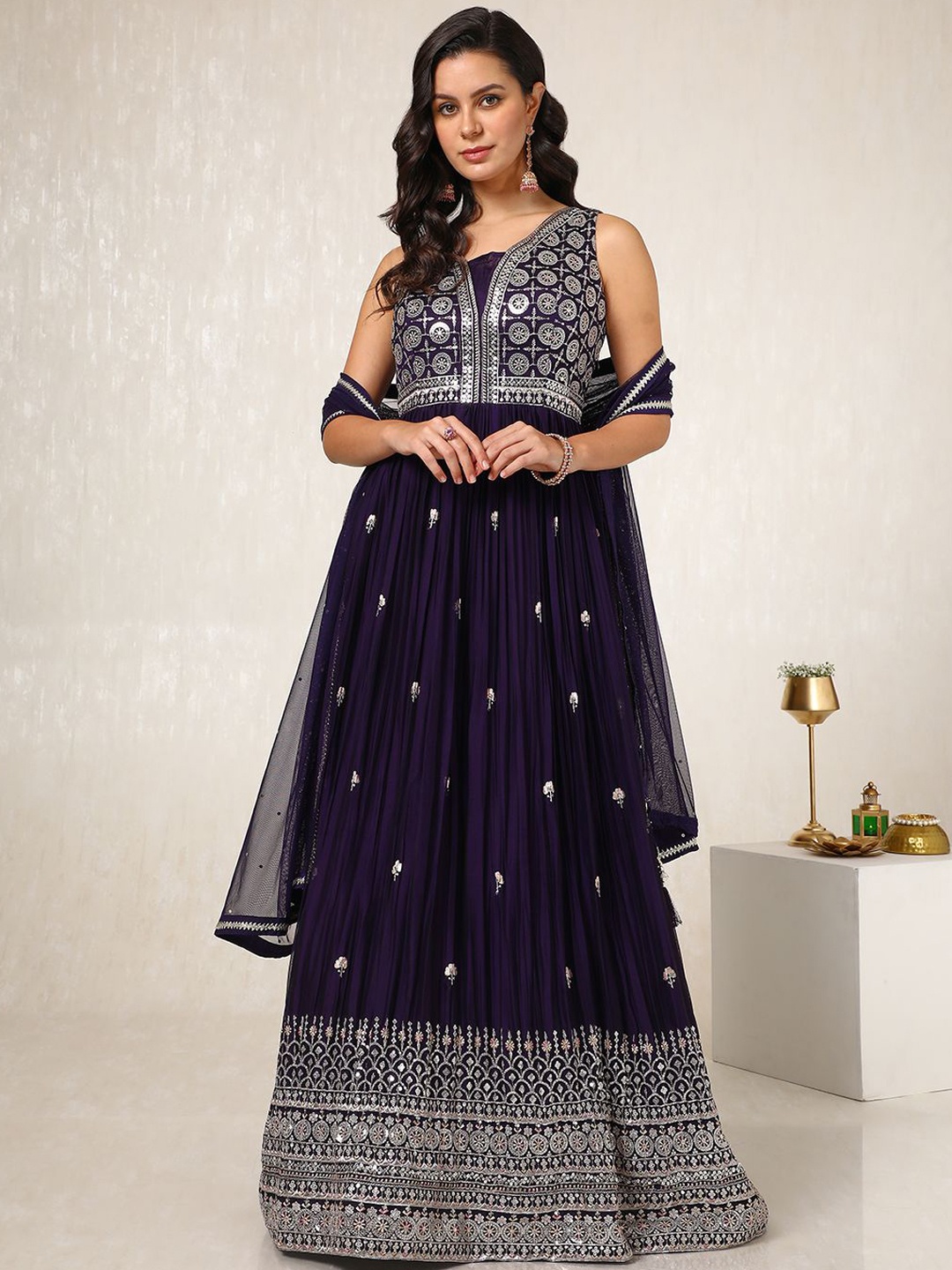 

Soch Embroidered Empire Sequinned Anarkali Kurta with Churidar & Dupatta, Purple