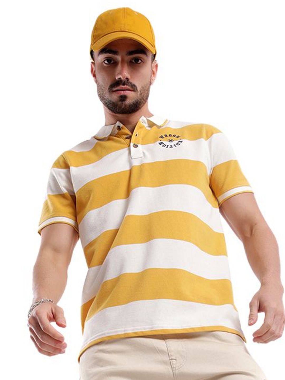 

WROGN Men Striped Polo Collar Pure Cotton T-shirt, Yellow