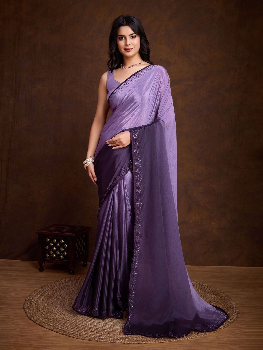 

Meena Bazaar Ombre Beads and Stones Art Silk Saree, Purple